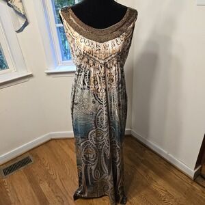 Live & Let Live Beaded Neckline Maxi Dress Sleeveless Paisley Print Boho Size S